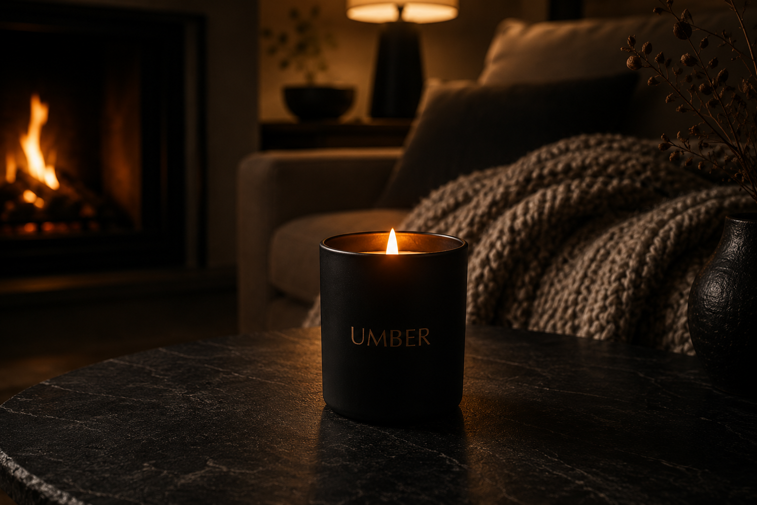 An UMBER candle lit on a dark stone table in a warm living room beside a fire