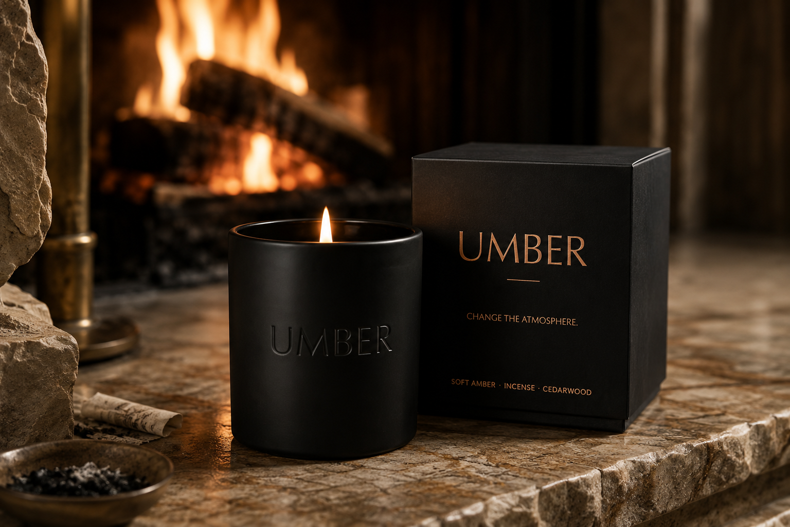 UMBER candle and box beside a fire